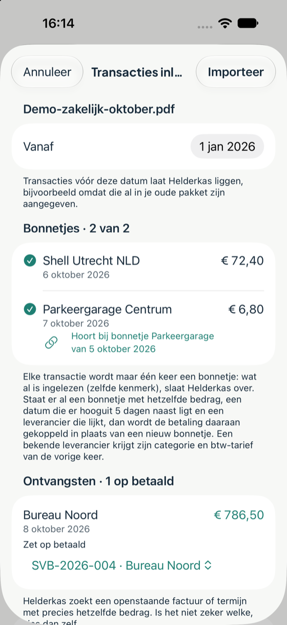 Een bankafschrift inlezen: nieuwe bonnetjes, een koppeling aan een bestaand bonnetje en een betaalde factuur