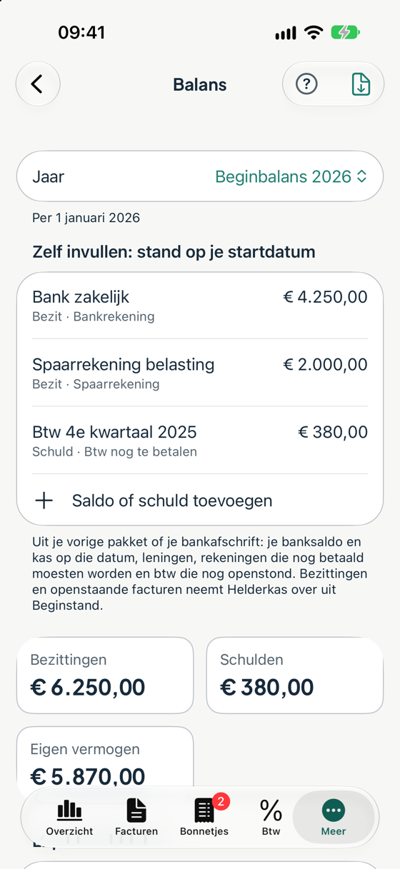 De beginbalans met banksaldo, spaarrekening en btw