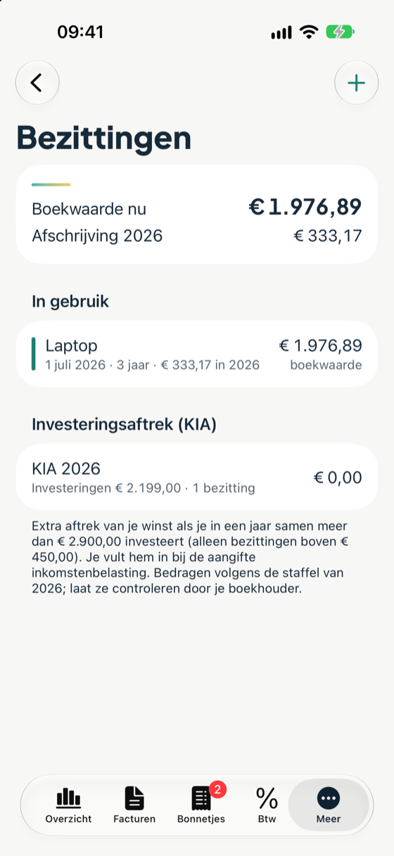 Bezittingen met boekwaarde, afschrijving en KIA