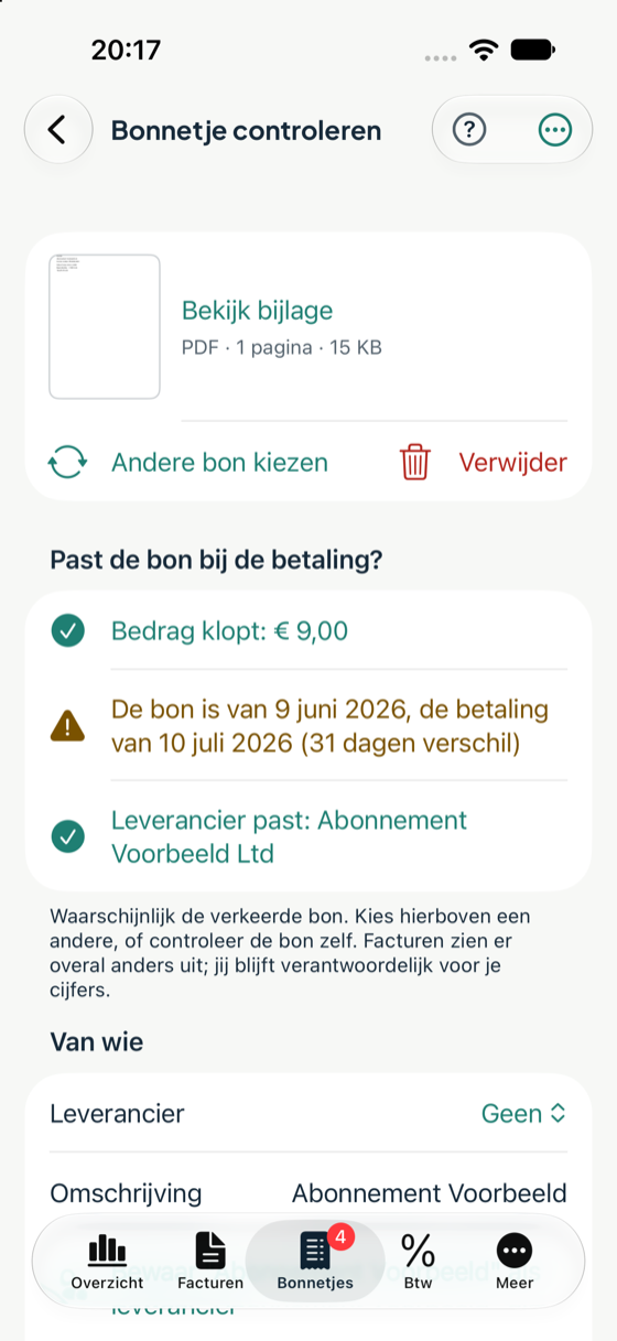 De controle of de bon bij de betaling past, met een waarschuwing over de datum