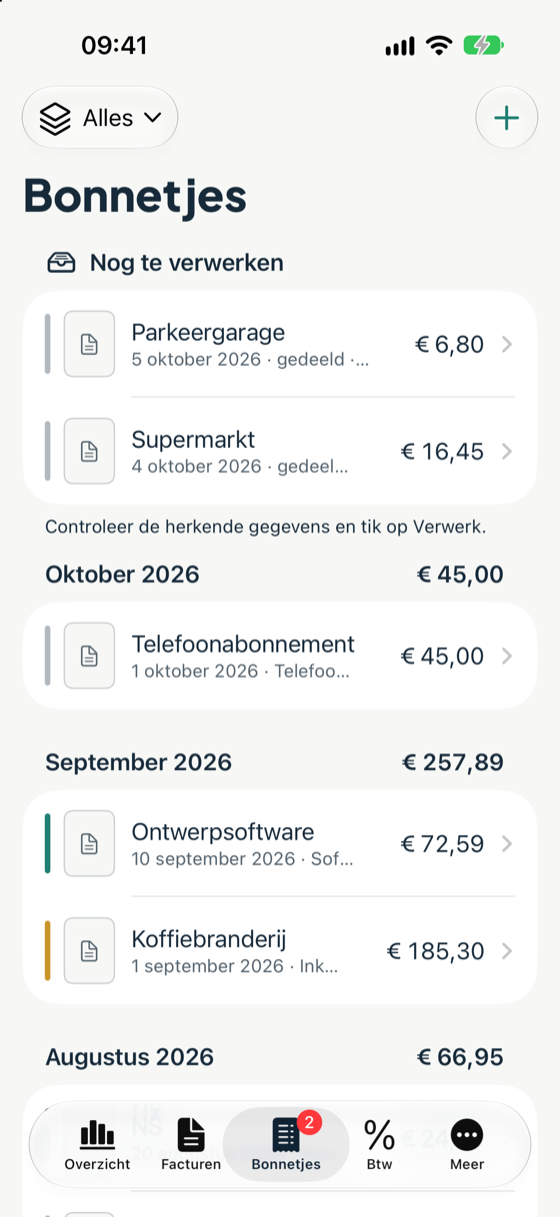 De lijst met bonnetjes, met bovenaan Nog te verwerken