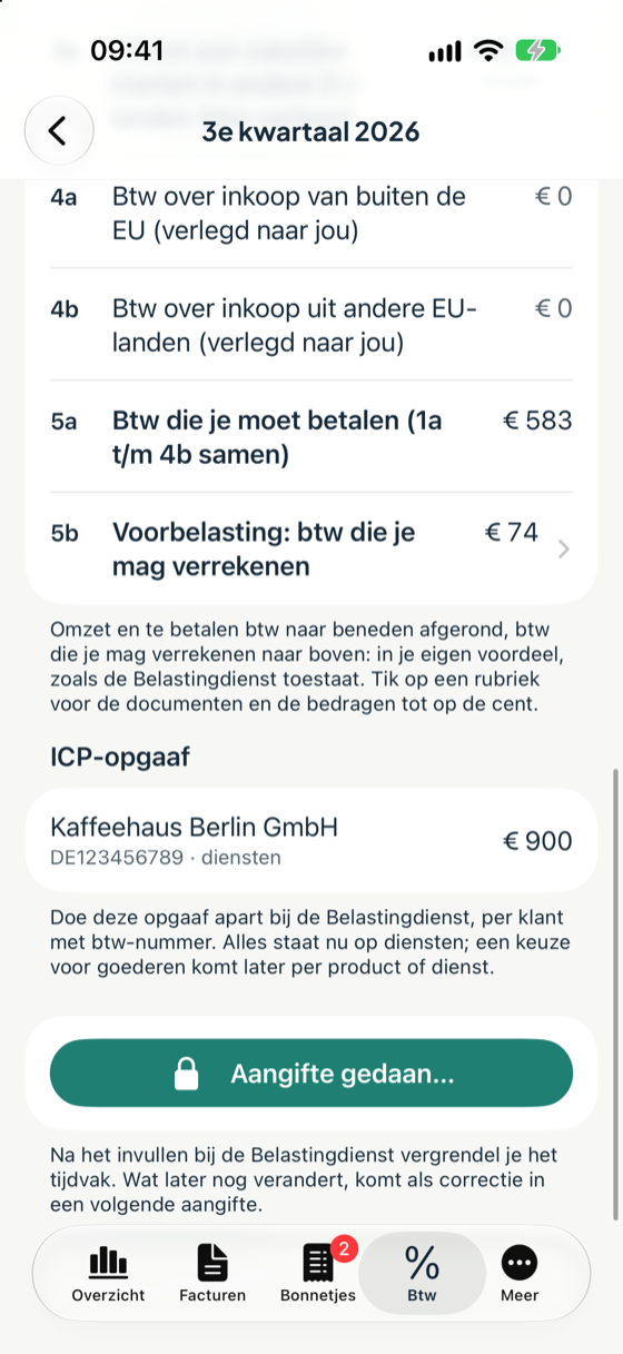 De ICP-opgaaf en de knop Aangifte gedaan