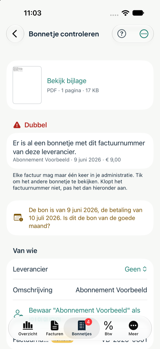 Een bonnetje met een dubbel factuurnummer en een waarschuwing over de datum
