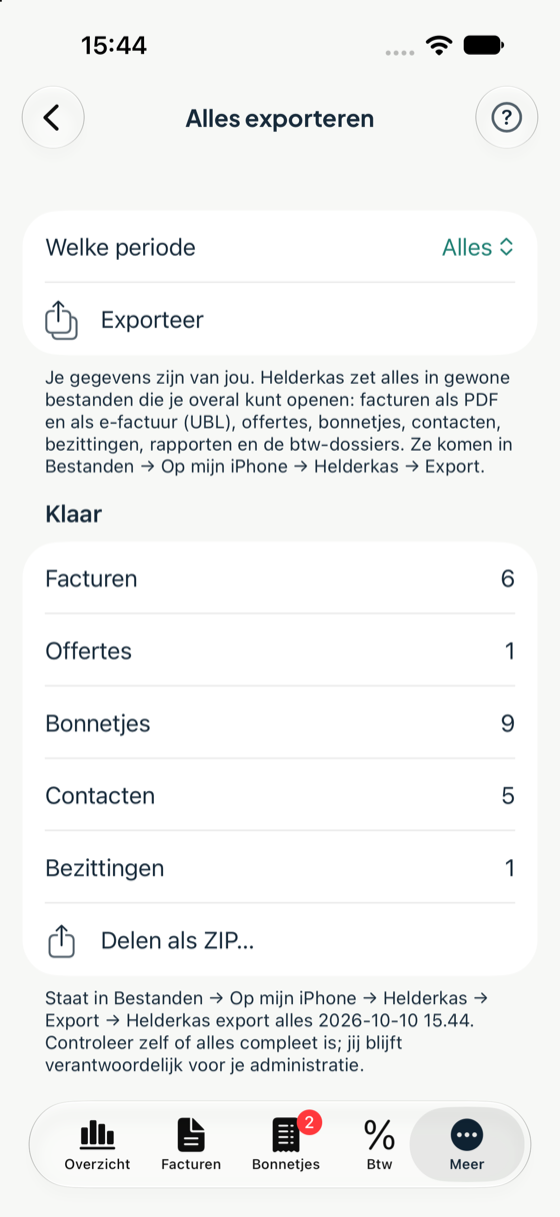 Alles exporteren met het aantal facturen, offertes, bonnetjes, contacten en bezittingen