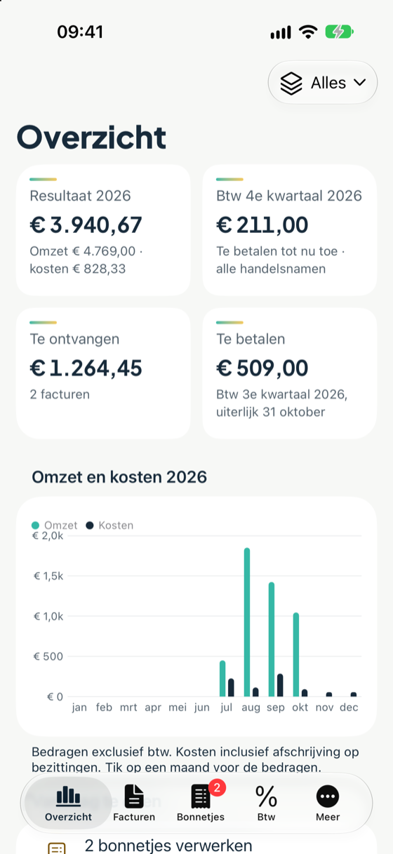 Het overzicht met resultaat, btw en te ontvangen