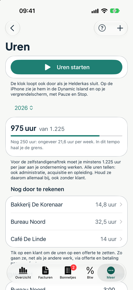 Uren met de teller voor het urencriterium en open uren per klant