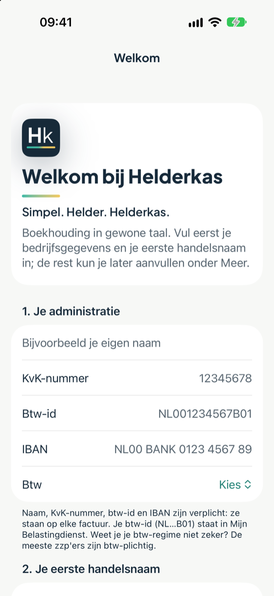 Het welkomstscherm met de gegevens van je administratie